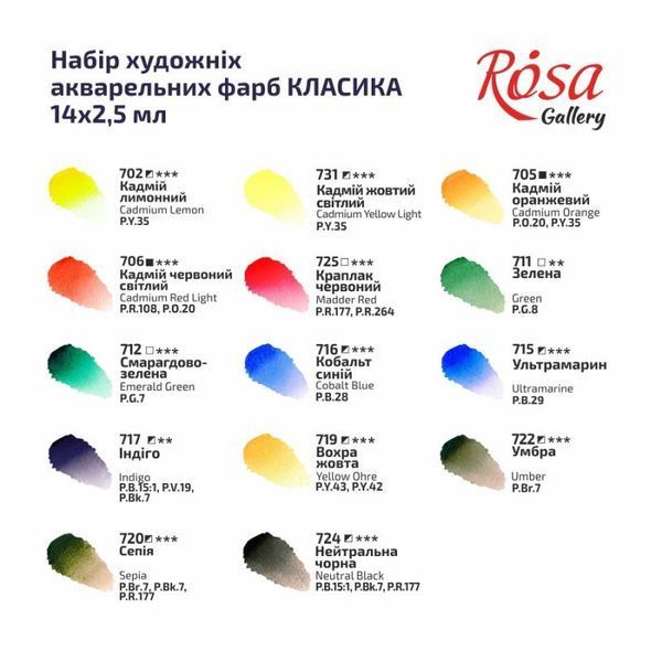 Набір акварельних фарб CLASSIC, 14*2,5мл, кювета, Індіго метал. пенал, ROSA Gallery 4823098506942 фото